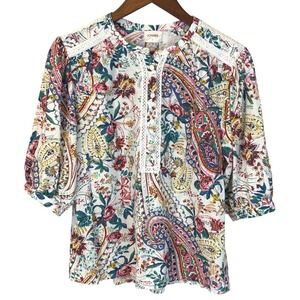 Sonmer USA Louisa Boho Blouse White Floral Lace Detail Button Front‎ Size Large
